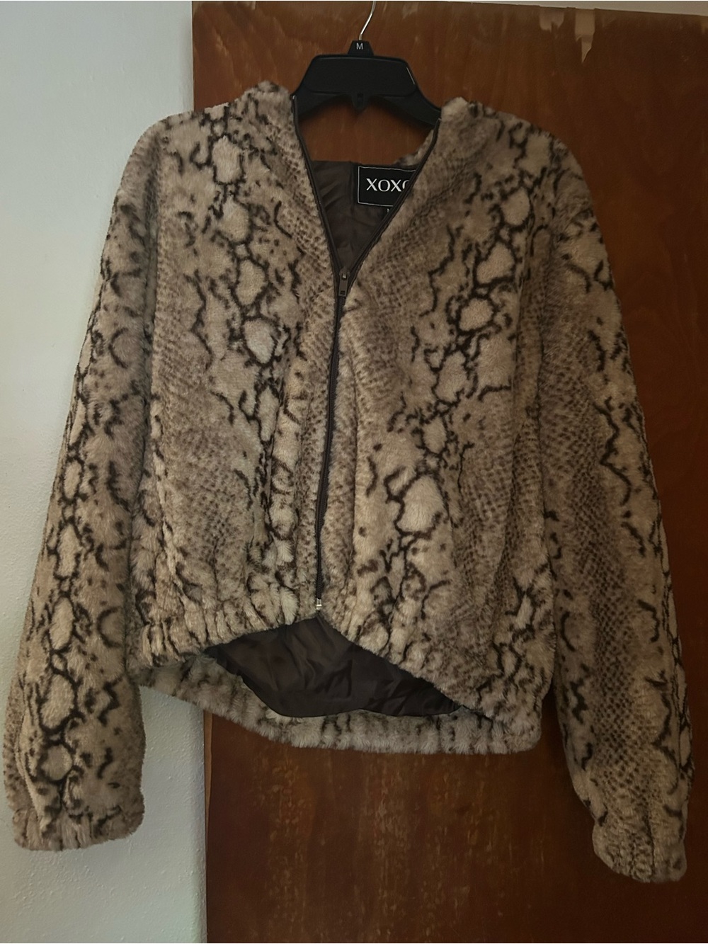 XOXO Beige and Black Faux Fur Snake-Print Teddy Jacket